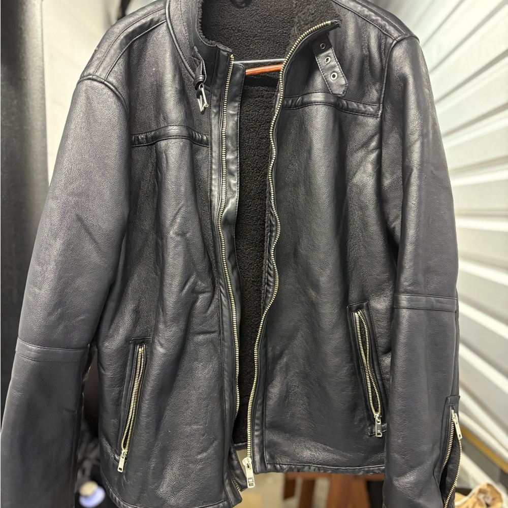 Zara Men's Dark Leather Jacket with Zip Details